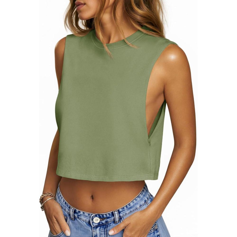 image:imageFisoew Womens Workout Cropped Tank Tops Boxy Loose Fit Casual Sleeveless Shirts Athletic Crew Neck Summer Basic TeesArmy Green
