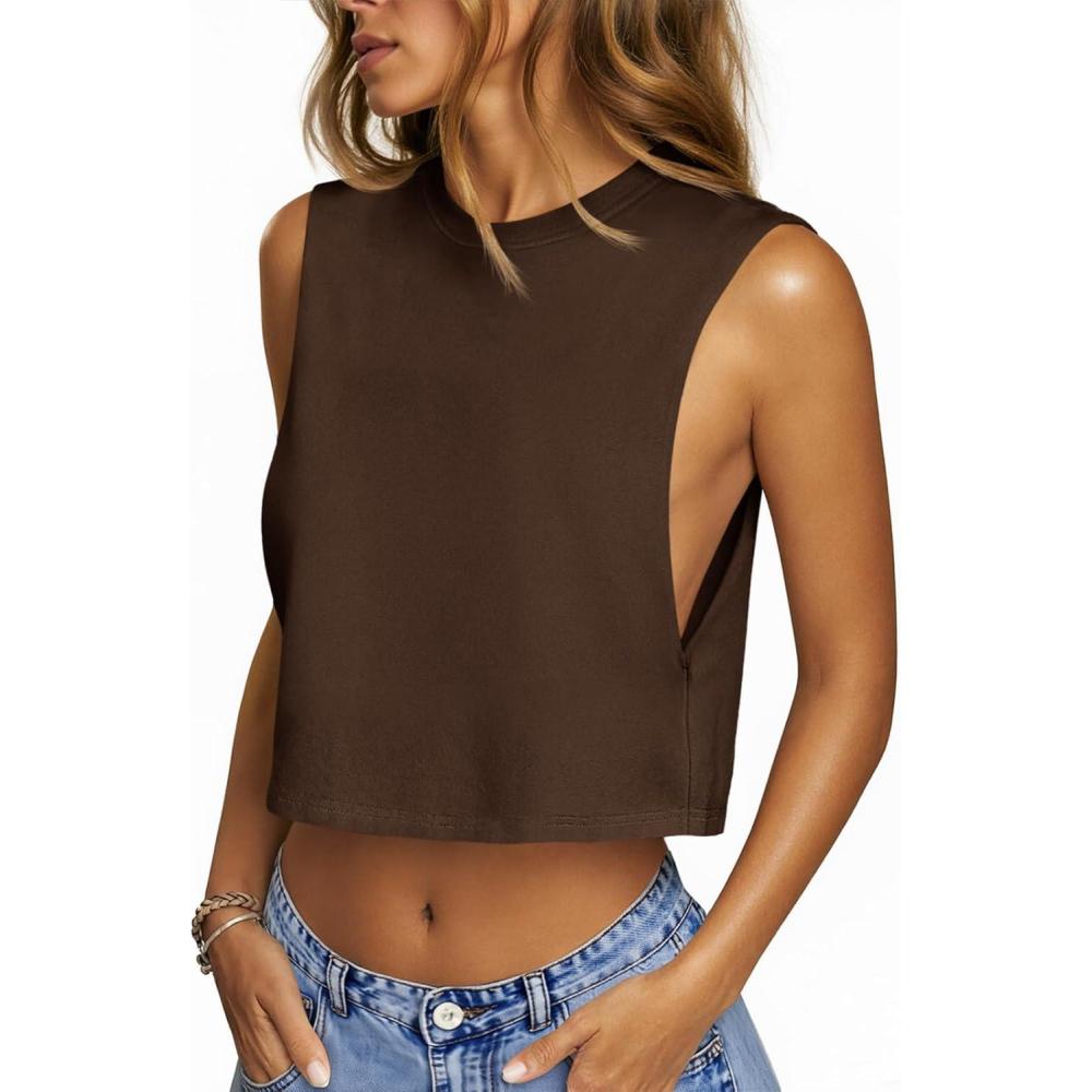 image:imageFisoew Womens Workout Cropped Tank Tops Boxy Loose Fit Casual Sleeveless Shirts Athletic Crew Neck Summer Basic TeesBrown