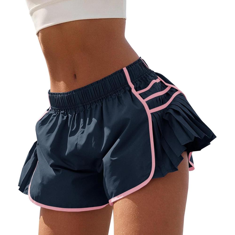 image:imageFisoew Womens Workout Gym Shorts Running Pleated Contrast Stitch Elastic Waist Athletic Quick Dry ShortsDark Blue1