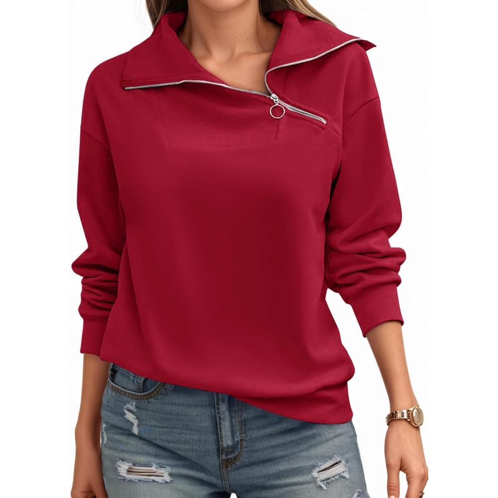 image:imageWomens Zipper Sweatshirt Turtleneck Long Sleeve Pullover Casual Loose Sweatshirts Top T ShirtsBurgundy