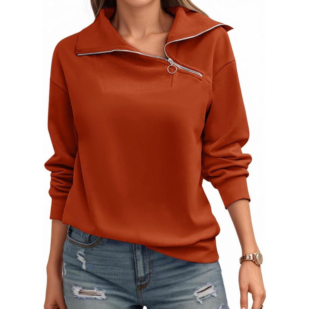 image:imageWomens Zipper Sweatshirt Turtleneck Long Sleeve Pullover Casual Loose Sweatshirts Top T ShirtsCaramel