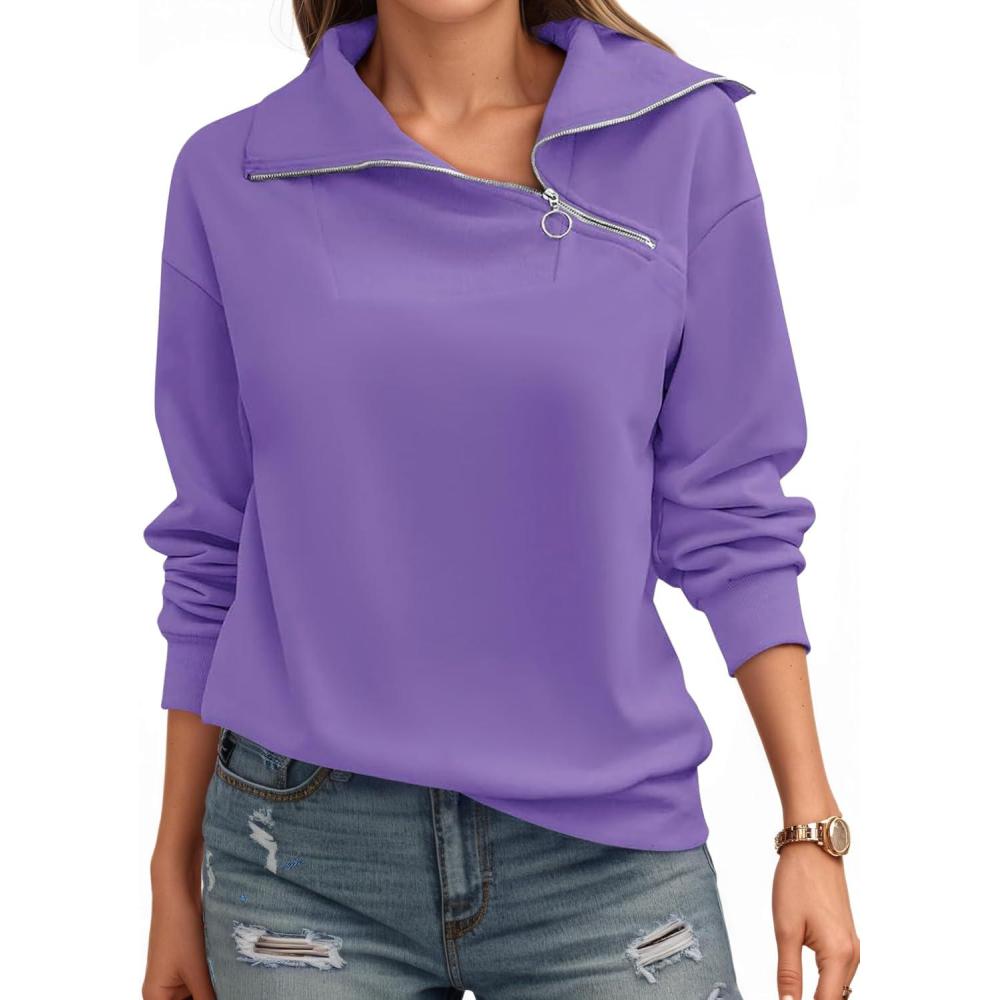 image:imageWomens Zipper Sweatshirt Turtleneck Long Sleeve Pullover Casual Loose Sweatshirts Top T ShirtsViolet