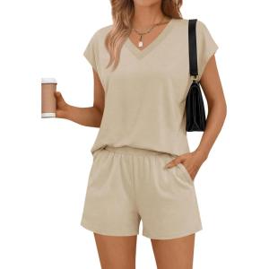 Fisoew 2 Piece Short Sets for Women Lounge Set Casual Outfits V Neck Cap Short Sleeve Tops Matching Workout Airport Outfits(Khaki)
