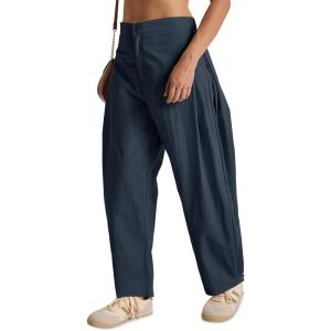 Fisoew Barrel Pants Women Casual Wide Leg Baggy Pants Side Pleated Horseshoe Style Trousers with Pockets(Navy)