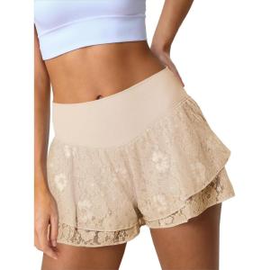 Fisoew Flowy Shorts for Women High Waisted Workout Shorts Lace Athletic Tennis Gym Yoga 2 in 1 Short with Pockets(Beige)