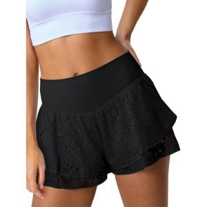 Fisoew Flowy Shorts for Women High Waisted Workout Shorts Lace Athletic Tennis Gym Yoga 2 in 1 Short with Pockets(Black)