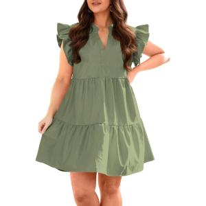 Fisoew Plus Size Dresses for Women Summer Ruffle Short Sleeve V Neck Dress Tiered Swing A Line Babydoll Mini Dress(Army Green)