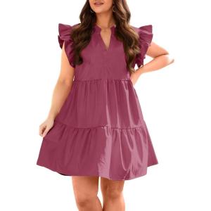 Fisoew Plus Size Dresses for Women Summer Ruffle Short Sleeve V Neck Dress Tiered Swing A Line Babydoll Mini Dress(Bean Red)