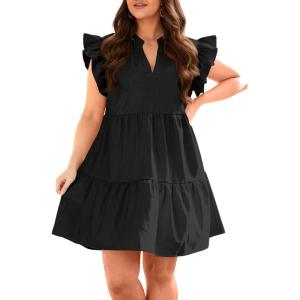 Fisoew Plus Size Dresses for Women Summer Ruffle Short Sleeve V Neck Dress Tiered Swing A Line Babydoll Mini Dress(Black)