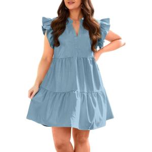 Fisoew Plus Size Dresses for Women Summer Ruffle Short Sleeve V Neck Dress Tiered Swing A Line Babydoll Mini Dress(Bluish Grey)