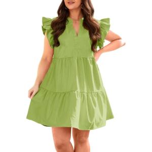 Fisoew Plus Size Dresses for Women Summer Ruffle Short Sleeve V Neck Dress Tiered Swing A Line Babydoll Mini Dress(Light Green)