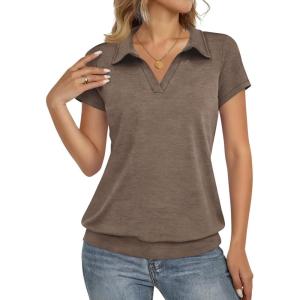 Fisoew Short Sleeve Polo Shirts for Women Tennis Golf Shirt Business Casual Loose Collared V Neck Top Blouses(Khaki)