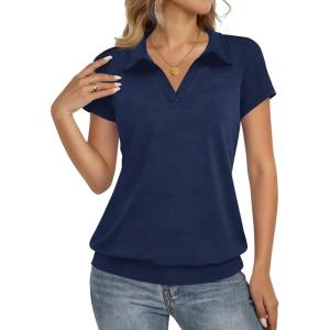 Fisoew Short Sleeve Polo Shirts for Women Tennis Golf Shirt Business Casual Loose Collared V Neck Top Blouses(Navy)