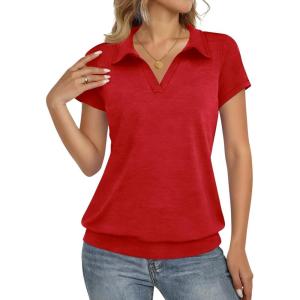 Fisoew Short Sleeve Polo Shirts for Women Tennis Golf Shirt Business Casual Loose Collared V Neck Top Blouses(Red)