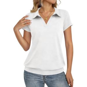 Fisoew Short Sleeve Polo Shirts for Women Tennis Golf Shirt Business Casual Loose Collared V Neck Top Blouses(White)