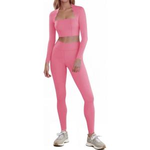 Fisoew Two Piece Workout Sets For Women High Waisted Scolloped Leggings with Crop Tops Gym Yoga Active Wear Outfits(Pink)