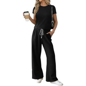 Fisoew Women 2 Piece Lounge Sets 2026 Casual Summer Outfits Short Sleeve Crop Tops Wide Leg Sweatpants Tracksuit(Black)