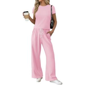 Fisoew Women 2 Piece Lounge Sets 2026 Casual Summer Outfits Short Sleeve Crop Tops Wide Leg Sweatpants Tracksuit(Pink)