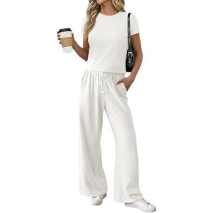 Fisoew Women 2 Piece Lounge Sets 2026 Casual Summer Outfits Short Sleeve Crop Tops Wide Leg Sweatpants Tracksuit(White)