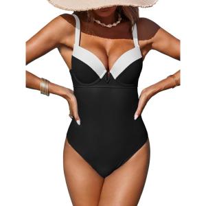 Fisoew Women One Piece Tummy Control Swimsuits Retro Slimming Colorblock Back Tie Vintage Bathing Suits Black