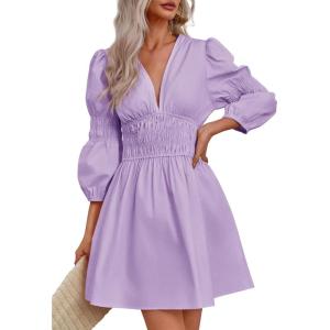 Fisoew Women Puff Sleeve Mini Dress Casual Long Sleeve Deep V Neck Smocked Dresses Purple