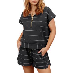 Fisoew Women Summer 2 Piece Outfits Striped Short Sleeve Zipper Shirts Casual Shorts Loose Lounge Short Sets(Black)