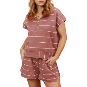 Fisoew Women Summer 2 Piece Outfits Striped Short Sleeve Zipper Shirts Casual Shorts Loose Lounge Short Sets(Brown)