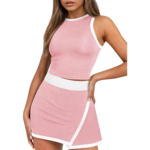 Fisoew Womens 2 Piece Athletic Tennis Golf Outfits Sleeveless Tank Tops High Waisted Workout Skirt Skort Sets Tracksuits(Pink)