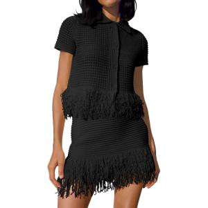 Fisoew Womens 2 Piece Crochet Outfits Short Sleeve Button Knit Sweater Tops Fringe Skirt Summer Vacation Sets Beach Cover Ups(Black)