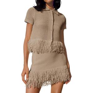 Fisoew Womens 2 Piece Crochet Outfits Short Sleeve Button Knit Sweater Tops Fringe Skirt Summer Vacation Sets Beach Cover Ups(Khaki)