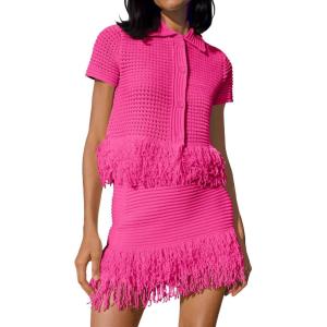 Fisoew Womens 2 Piece Crochet Outfits Short Sleeve Button Knit Sweater Tops Fringe Skirt Summer Vacation Sets Beach Cover Ups(Rose Red)