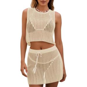 Fisoew Womens 2 Piece Crochet Sets Sleeveless Crop Tops Cover Up Beach Mini Skirt Outfits Vacation Sets(Apricot)