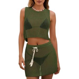 Fisoew Womens 2 Piece Crochet Sets Sleeveless Crop Tops Cover Up Beach Mini Skirt Outfits Vacation Sets(Army Green)