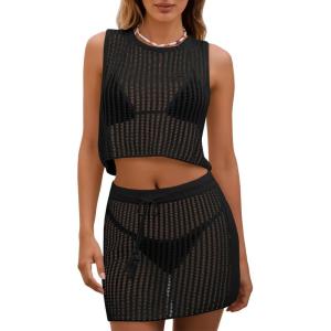 Fisoew Womens 2 Piece Crochet Sets Sleeveless Crop Tops Cover Up Beach Mini Skirt Outfits Vacation Sets(Black)