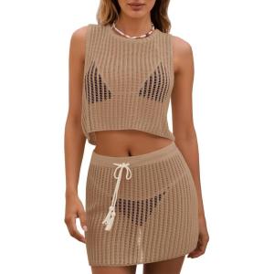 Fisoew Womens 2 Piece Crochet Sets Sleeveless Crop Tops Cover Up Beach Mini Skirt Outfits Vacation Sets(Khaki)