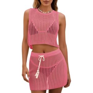 Fisoew Womens 2 Piece Crochet Sets Sleeveless Crop Tops Cover Up Beach Mini Skirt Outfits Vacation Sets(Pink)