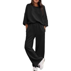 Fisoew Womens 2 Piece Lounge Sets Casual 3/4 Sleeve Tunic Tops Loose Wide Leg Pants Tracksuit Fall Travel Outfits(Black)