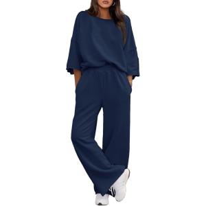 Fisoew Womens 2 Piece Lounge Sets Casual 3/4 Sleeve Tunic Tops Loose Wide Leg Pants Tracksuit Fall Travel Outfits(Navy)