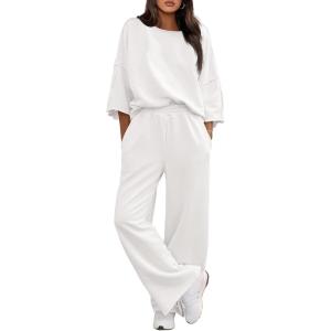 Fisoew Womens 2 Piece Lounge Sets Casual 3/4 Sleeve Tunic Tops Loose Wide Leg Pants Tracksuit Fall Travel Outfits(White)