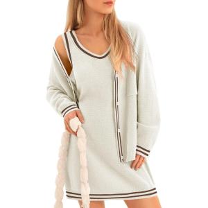 Fisoew Womens 2 Piece Outfits Casual Button Down Cardigan Sleeveless Loose Mini Dress Knit Sweater Sets(Beige)