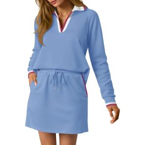 Fisoew Womens 2 Piece Outfits Casual Long Sleeve Tops Mini Skirts Travel Vacation Lounge Sets(Blue)