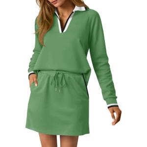 Fisoew Womens 2 Piece Outfits Casual Long Sleeve Tops Mini Skirts Travel Vacation Lounge Sets(Olive Green)