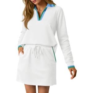 Fisoew Womens 2 Piece Outfits Casual Long Sleeve Tops Mini Skirts Travel Vacation Lounge Sets(White)