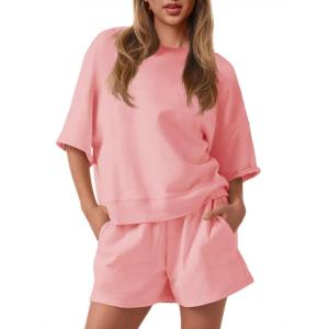Fisoew Womens 2 Piece Outfits Casual Oversized Cropped Sweatshirt and High Waist Running Shorts Tracksuit Sets(Light Pink)