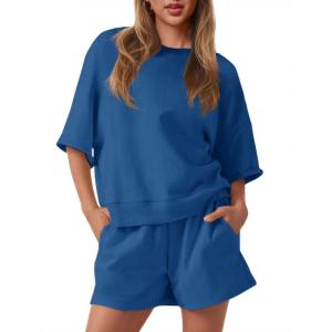 Fisoew Womens 2 Piece Outfits Casual Oversized Cropped Sweatshirt and High Waist Running Shorts Tracksuit Sets(Navy)