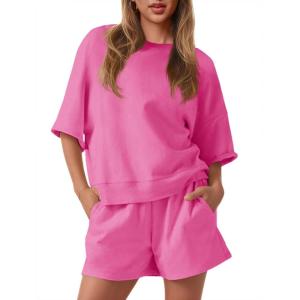 Fisoew Womens 2 Piece Outfits Casual Oversized Cropped Sweatshirt and High Waist Running Shorts Tracksuit Sets(Pink)