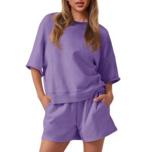 Fisoew Womens 2 Piece Outfits Casual Oversized Cropped Sweatshirt and High Waist Running Shorts Tracksuit Sets(Violet)