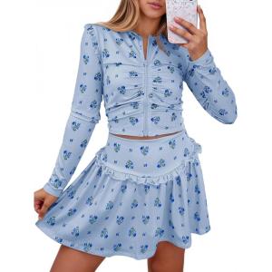 Fisoew Womens 2 Piece Outfits Floral Skort Sets Zip Up Crop Tops Mini Skirts Y2K Ruffle Vacation Clothes(Light Blue)