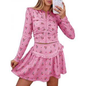 Fisoew Womens 2 Piece Outfits Floral Skort Sets Zip Up Crop Tops Mini Skirts Y2K Ruffle Vacation Clothes(Pink)