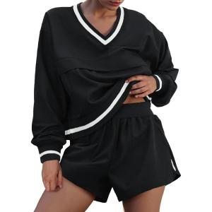 Fisoew Womens 2 Piece Outfits Long Sleeve V Neck Sweatshirt High Waist Running Shorts Sets Loose Fall Workout Tracksuits(Black)